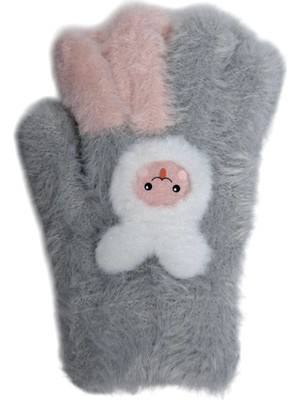 Spteks Kitti 4-8 Yaş Kız Çocuk Gri Renk Sevimli Tavşan Figürlü Kışlık Örme Eldiven