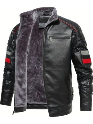 Nyc Giyim Tekstil Içi Kürklü Kolları Yatay Kırmızı ve Gri Çizgili Mont