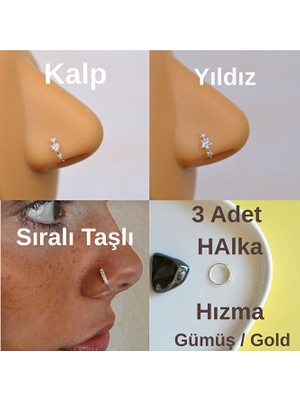 Heppii 3 Adet 925 Ayar Gümüş Halka Burun Hızma Seti – Mini Kalpli, Mini Yıldızlı, Sıralı Taşlı, 3’lü Set