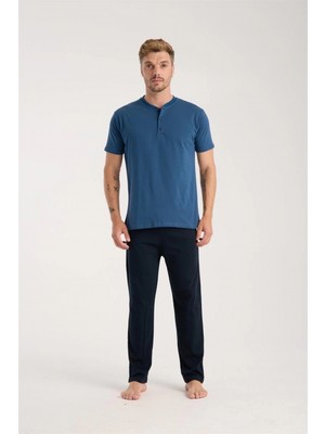 MiraLive Miray- Erkek Indigo Düğmeli Yaka Kısa Kol Pijama Takımı