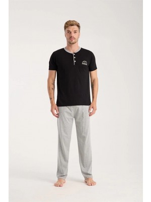 MiraLive Miray- Erkek Siyah Düğmeli Yaka Kısa Kol Pijama Takımı