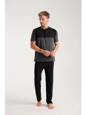 MiraLive Miray- Erkek Antrasit Düğmeli Yaka Kısa Kol Pijama Takımı