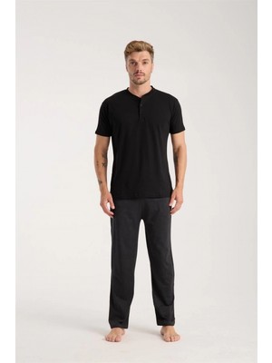 MiraLive Miray- Erkek Füme Düğmeli Yaka Kısa Kol Pijama Takımı