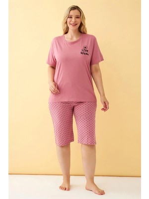 MiraLive Miray- Kadın Somon “live The Dream” Yazılı Büyük Beden Kapri Pijama Takımı