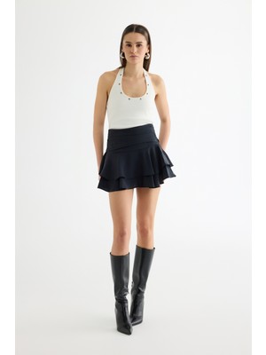 Quzu Katlı Volanlı Mini Etek Siyah