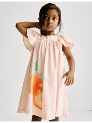 Marks & Spencer Keten Karışımlı Şeftali Desenli Elbise (2-8 Yaş)