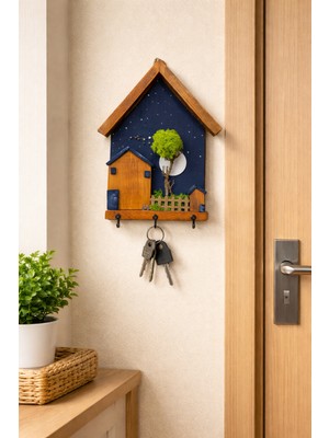 Anı Atölyesi 3 Kancalı Dekoratif Gece Temalı ve Bahçeli Dekoratif Duvar Anahtarlık