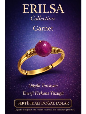 Erilsa Sertifikalı Düşük Tansiyon Enerji Yüzüğü – Lal Garnet Taşı Ayarlanabilir Gold Ince Kasa Koç Aslan
