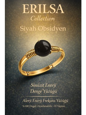 Erilsa Sertifikalı Sinüzit Enerji Denge Yüzüğü – Siyah Obsidyen Ayarlanabilir Gold Ince Kasa Oğlak Akrep