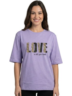 Leopar Baskı Enfield&co Kadın T-Shirt Love Lila