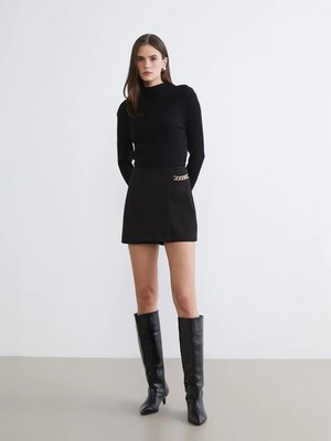 LC Waikiki Siyah Beli Fermuarlı Zincir Detaylı Şort Etek  (W5)