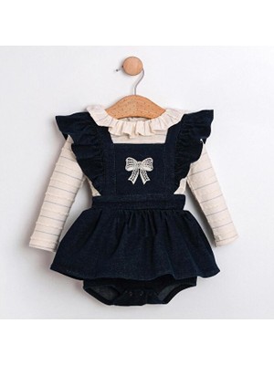 ministok Cudi Fırfırlı Salopet Etekli Tulum ve Uzun Kollu Blüzlü Kız Bebek Esnek Denim Takım