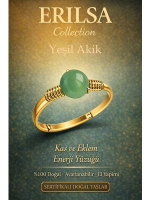 Erilsa Sertifikalı Kas ve Eklem Enerji Yüzüğü – Yeşil Akik Ayarlanabilir Gold Ince Kasa Başak Boğa