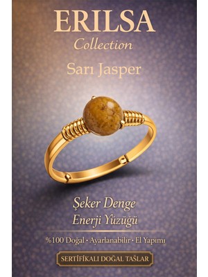 Erilsa Sertifikalı Şeker Denge Enerji Yüzüğü – Sarı Jasper Ayarlanabilir Gold Ince Kasa Başak Boğa Burcu
