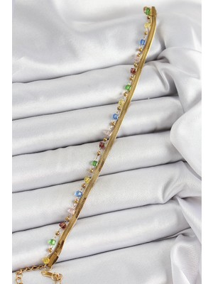 Pazarcan 316L Çelik Gold Renk Karışık Renkli Kristal Taşlı Kadın Bileklik - TJ-BB7090
