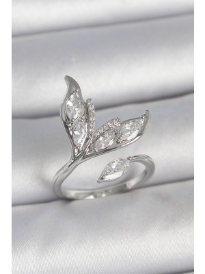 Pazarcan Pirinç Gümüş Renk Zirkon Taşlı Balık Kuyruğu Model Ayarlanabilir Kadın Yüzük - TJ-BYK3744