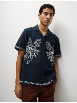 Marks & Spencer Keten Karışımlı Kısa Kollu Işlemeli Gömlek