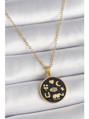 Pazarcan 316L Çelik Gold Renk Siyah Şans Kolyesi - TJ-BKO9547