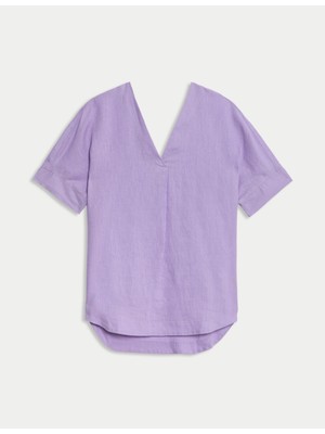 Marks & Spencer Keten V Yaka Rahat Kesim Popover Bluz