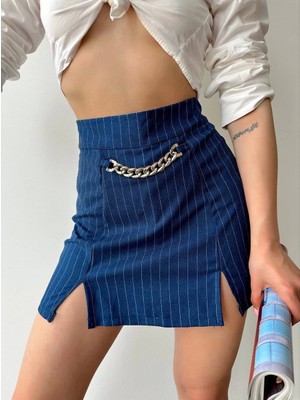 Pazarcan Zincir Detaylı Çizgili Şort Etek