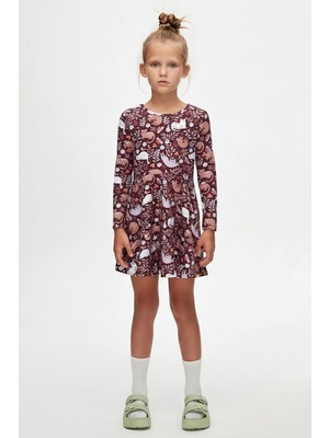 Lovetti Kız Çocuk Lazy Cat Desen Uzun Kol Elbise