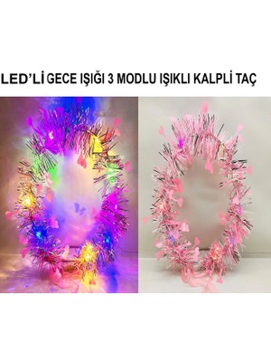 Starseven Kalp Püsküllü Gece Parıltısı 3 Modlu LED39LI Işıklı Taç Pembe Renk