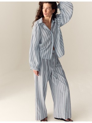 Marks & Spencer Şeritli Bağcıklı Yüksek Bel Geniş Paça Pantolon