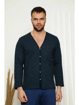 MiraLive Miray- Erkek %100 Pamuk Önden Düğmeli Cepli Uzun Kollu Pijama Takımı Lacivert