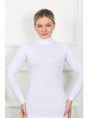 MiraLive Miray- Bayan Uzun Kol Boğazlı Body Beyaz