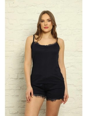 MiraLive Miray- Kadın Ip Askılı Şortlu Pijama Takım Lacivert