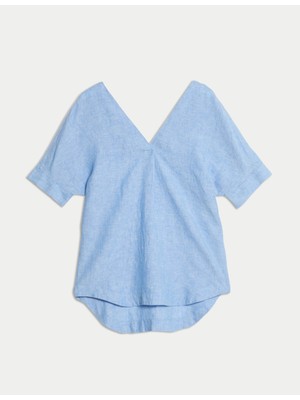 Marks & Spencer Saf Keten V Yakalı Relaxed Popover Bluz