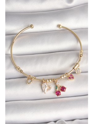 İntora Pirinç Gold Renk Sallantı Kırmızı Zirkon Taşlı Kiraz Figür Charm Kadın Bileklik - TJ-BB6890