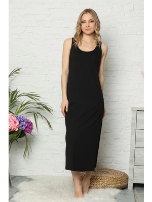 MiraLive Miray- Kalın Askılı Siyah Penye Uzun Gecelik