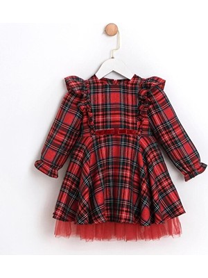 ministok Julliet Ekose Desenli Kırmızı Etek Ucu Tüllü Kız Çocuk Özel Gün Elbisesi