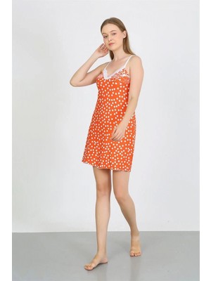 MiraLive Miray- Kadın Penye Ip Askılı Beyaz Puantiyeli Gecelik Turuncu