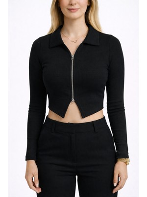 Simyon Style Kadın Uzun Kollu Çift Yönlü Fermuarlı Ribana Kumaş Crop Bluz