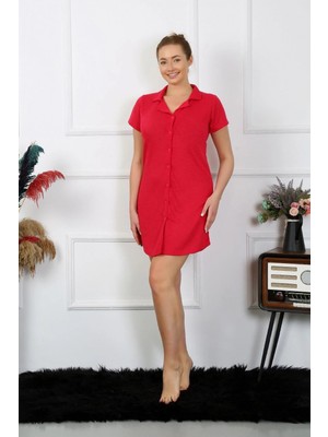 MiraLive Miray- Kadın Pamuk Dokuma Kısa Kol Düğmeli Kırmızı Tunik Gecelik