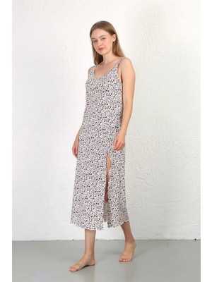 MiraLive Miray- Ip Askılı Uzun Yırtmaçlı Penye Gecelik Beyaz