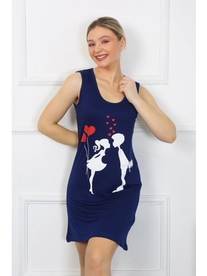 MiraLive Miray- Kadın Kalın Askılı Penye Diz Üstü Lacivert Gecelik