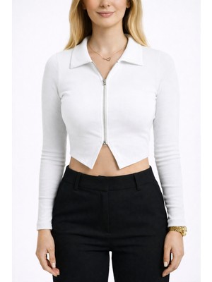 Simyon Style Kadın Uzun Kollu Çift Yönlü Fermuarlı Ribana Kumaş Crop Bluz