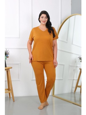MiraLive Miray- Kadın Büyük Beden Kısa Kol Penye Pijama Takımı Hardal