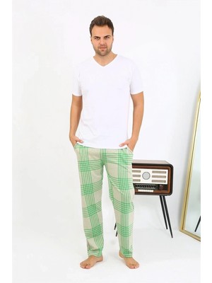 MiraLive Miray- Erkek Ekoseli Desen Penye Tek Alt Pijama Yeşil