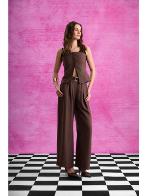 Quzu Çift Pile Kemerli Palazzo Pantolon Kahverengi