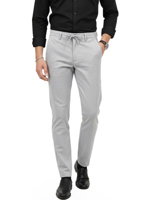 Deepsea Erkek Gri Likralı Beli Lastikli & Ipli Dar Kesim Şık Kumaş Pantolon 2600572