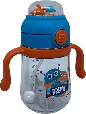 Hepta Collection 260ML Pipetli Sevimli Arkadaşlar Desenli Çıngıraklı Akıllı Pipet Toplu Tritan Su Matarası (Turkuaz-T