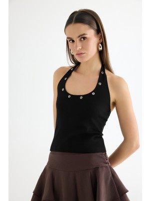 Quzu Kuş Gözü Detaylı Halter Yaka Atlet Siyah