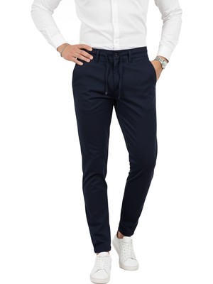 Deepsea Erkek Lacivert Likralı Beli Lastikli & Ipli Dar Kesim Şık Kumaş Pantolon 2600572