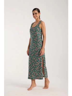 MiraLive Miray- Kadın Kalın Askılı Yırtmaçlı Uzun Yeşil Gecelik