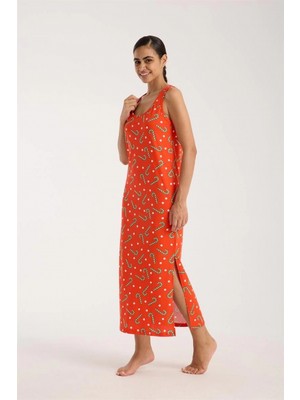 MiraLive Miray- Kadın Kalın Askılı Yırtmaçlı Uzun Turuncu Gecelik