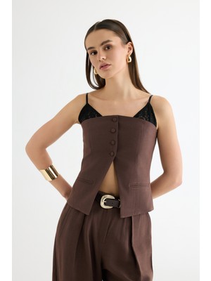 Quzu Dantel Askı Garnili Bustiyer Bluz Kahverengi